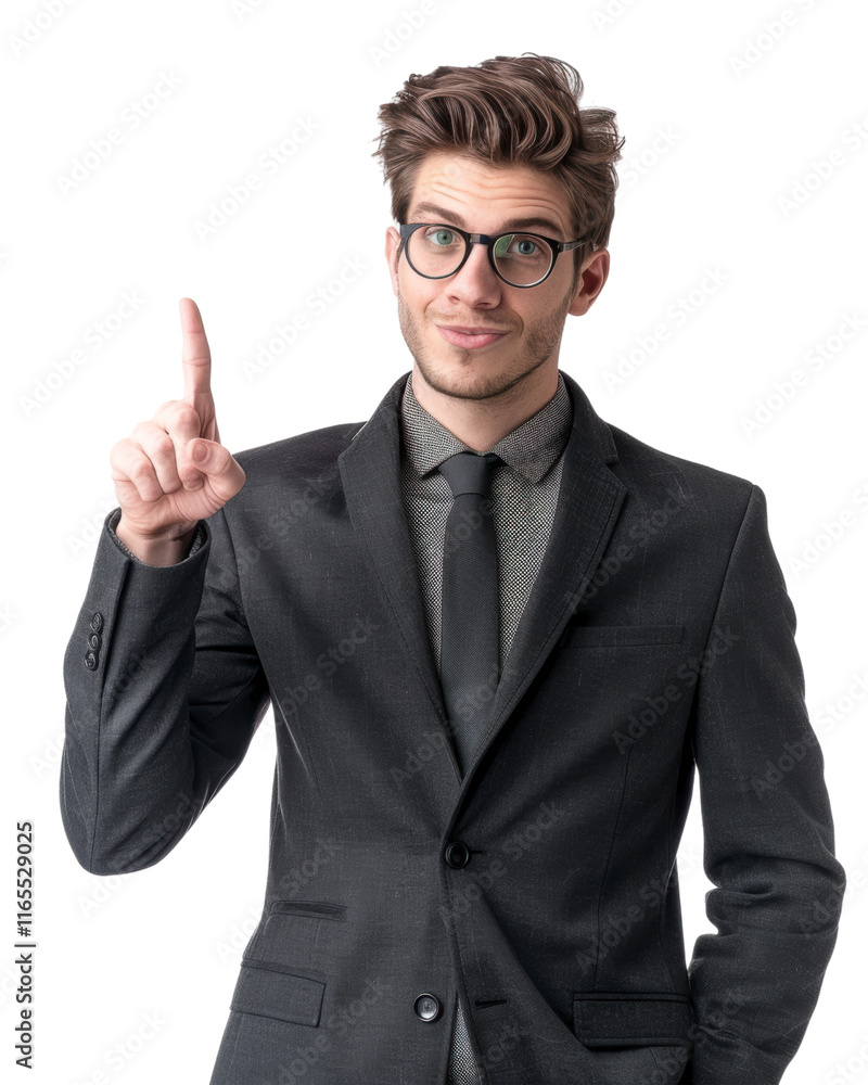 Young male businessman in dark gray suit with finger pointing up isolated on transparent background Young male businessman in dark gray suit with finger pointing up isolated on transparent background