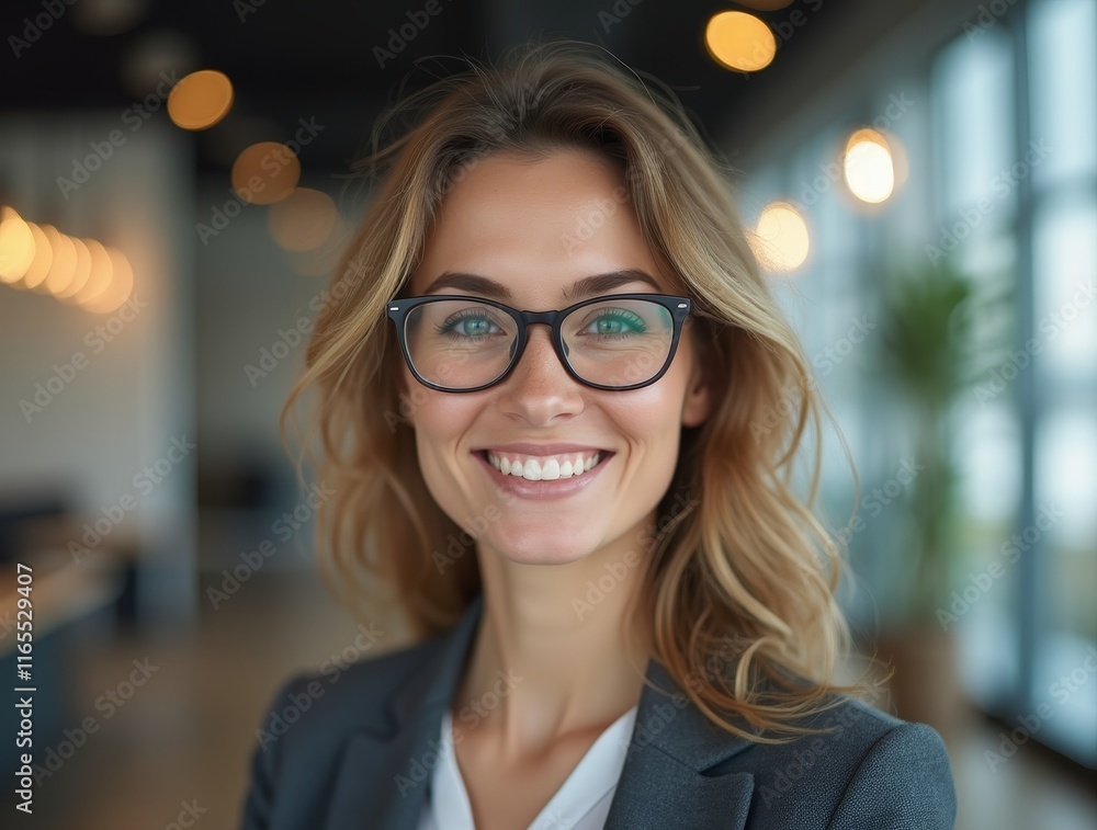 Business professional smiling confidently in modern office setting with natural light Business professional smiling confidently in modern office setting with natural light