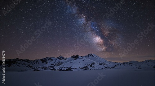 snow covered mountains with the milky way