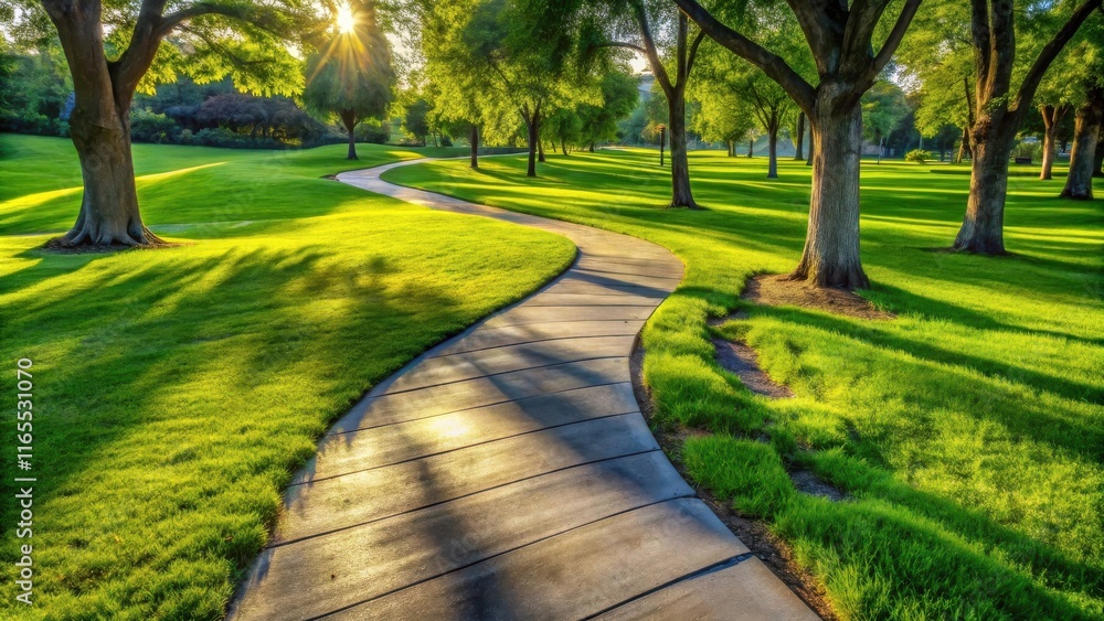 Obraz premium A Serene Path Winding Through a Lush Green Park Underneath the Warm Glow of the Setting Sun