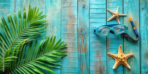 Tropical Summer Vibes Palm Leaves, Starfish, and Diving Gear on a Turquoise Wooden Background photo