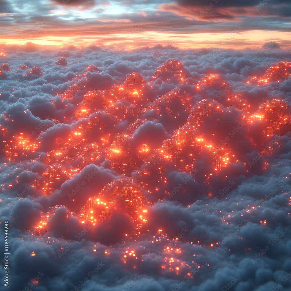 Glowing Structures Rise Above a Sea of Clouds at Sunset Glowing Structures Rise Above a Sea of Clouds at Sunset