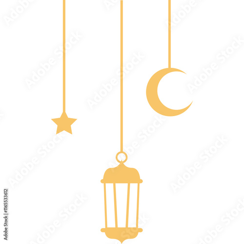 Golden Ramadan Decorations: A delicate and graceful arrangement of a crescent moon, a star, and a traditional lantern, all suspended by golden strings.