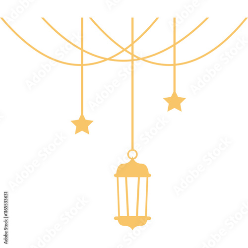 Ramadan Lantern and Stars: Elegant Ramadan decoration. Simple gold stars and lantern hanging. Festive Islamic design. Perfect for greeting cards, invitations, and social media. 