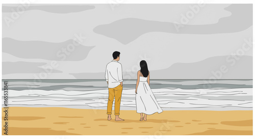 A couple stands on a serene beach, gazing at the expansive ocean under a cloudy sky, evoking a sense of tranquility and togetherness.