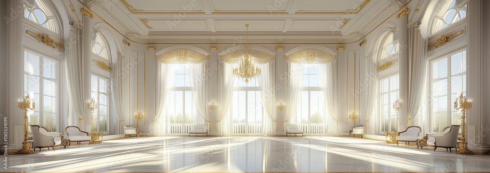 Fototapeta premium A white and gold Rococo-style room with large windows and curtains on the sides