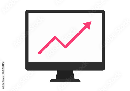 A minimalistic illustration of a pink upward trend line on a computer monitor screen, symbolizing business growth and success.