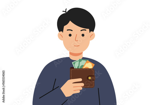 Illustration of a person holding a wallet with cash, symbolizing personal finance management and financial stability.