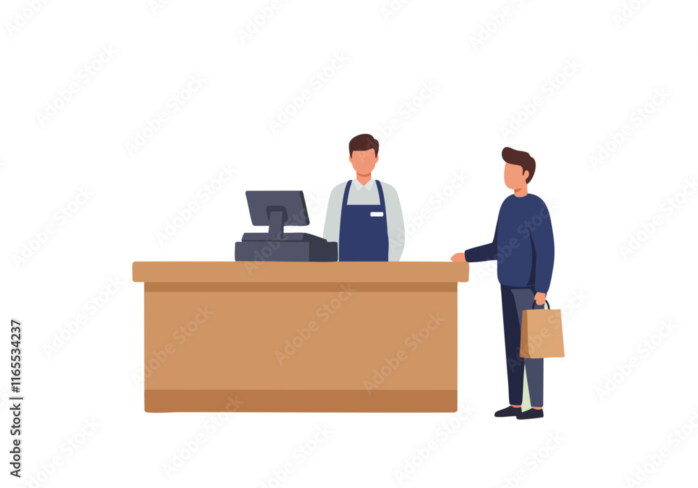 Illustration of a cashier assisting a customer at a checkout counter, showcasing a retail interaction in a minimalistic style. Illustration of a cashier assisting a customer at a checkout counter, showcasing a retail interaction in a minimalistic style.