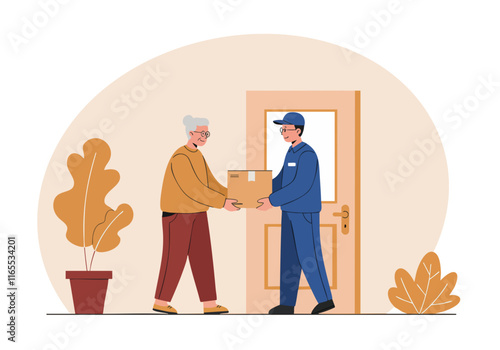 Senior woman receiving a package from a smiling delivery man at the door, highlighting friendly customer service and home delivery.