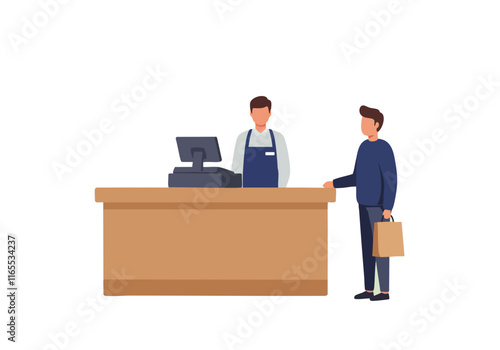 Illustration of a cashier assisting a customer at a checkout counter, showcasing a retail interaction in a minimalistic style.