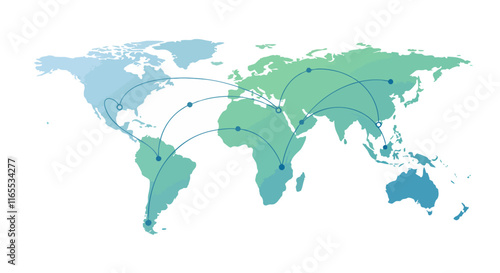 World map highlighting global connections with network lines for communication and trade representation.
