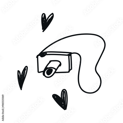 Hand-drawn chalk icon: retro and vintage wedding elements, valentine's day – clip art of a camera with hearts. Doodle-style vector illustration with playful, handwritten design