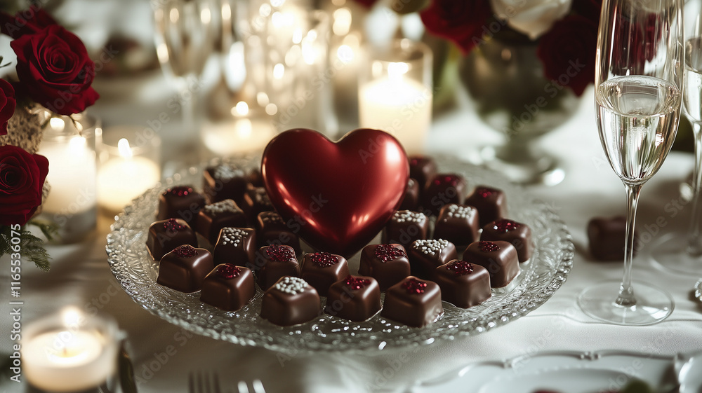 Valentine's Day table setting with heart-shaped chocolates, roses,
