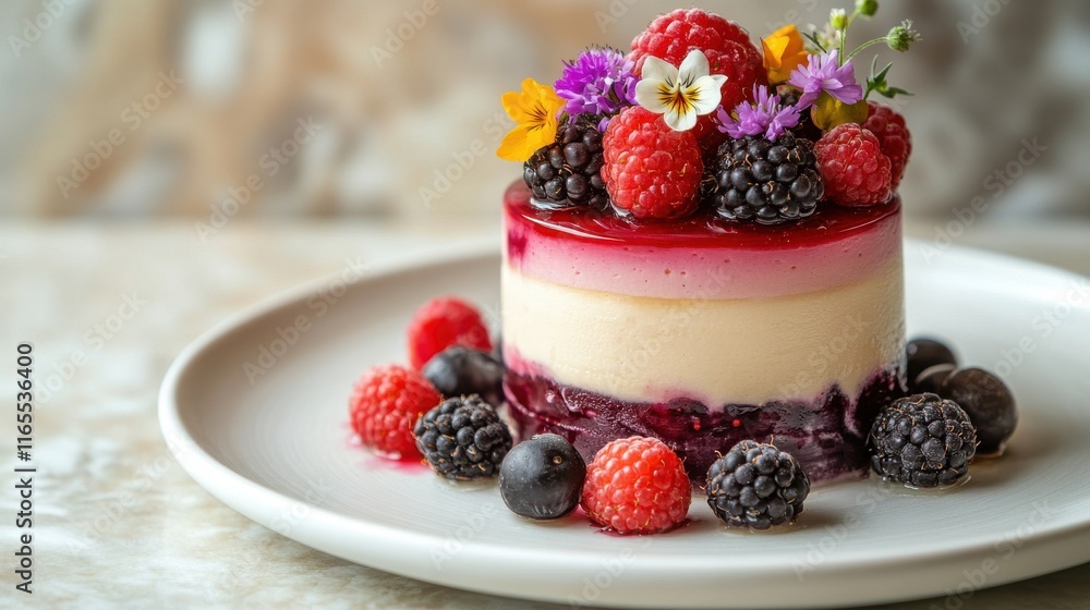 Layered mousse dessert with fresh berries and edible flowers Layered mousse dessert with fresh berries and edible flowers