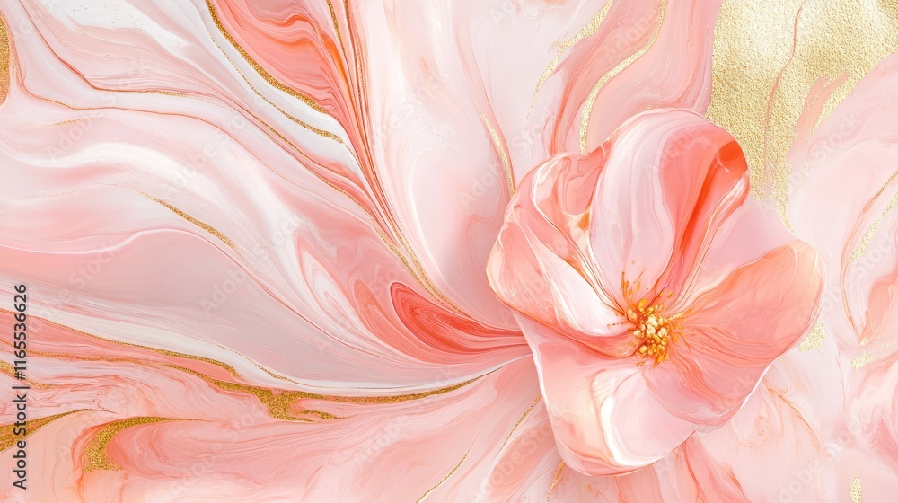 Fototapeta premium Abstract marble marbled stone ink liquid fluid painted painting texture luxury background banner - Pink petals, blossom flower swirls gold painted lines