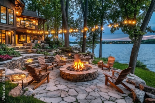 Ambient light strands create a warm atmosphere around the firepit.