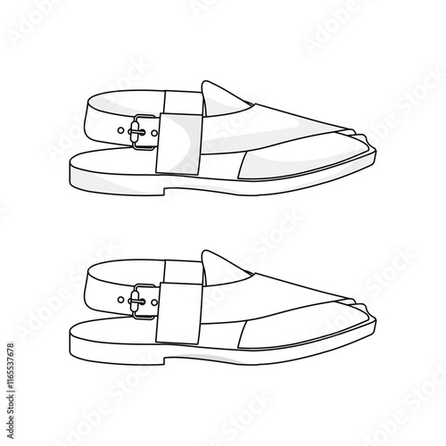 Detailed Line Art Illustration of Stylish Open-Back Loafers with Adjustable Straps - Perfect for Fashion Design and Footwear Catalogs isolated on white background