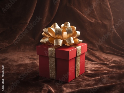 Elegant red gift box adorned with a golden bow over a rich textured background perfect for holiday and celebration themes photo