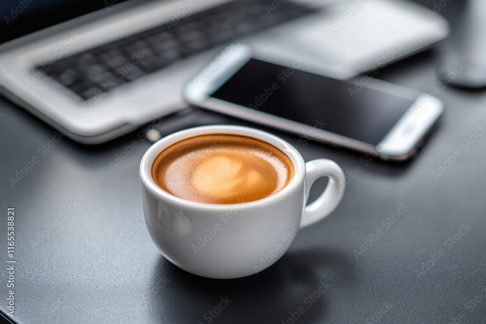 Espresso cup placed on a desk beside a laptop and smartphone in a cozy workspace Espresso cup placed on a desk beside a laptop and smartphone in a cozy workspace