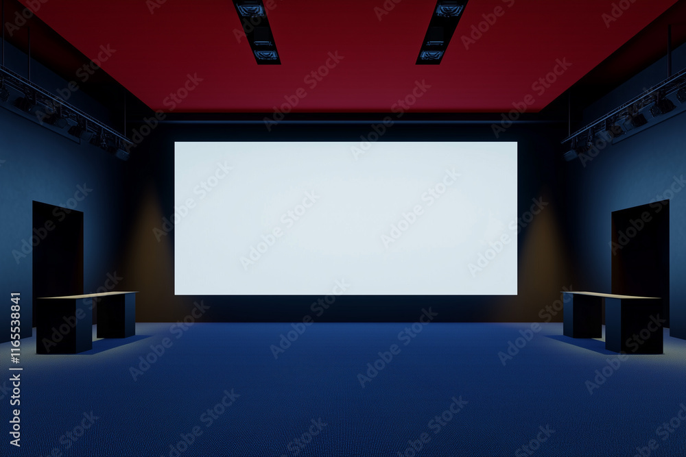 A large white screen is hung on the red ceiling of an exhibition hall, A large white screen is hung on the red ceiling of an exhibition hall,