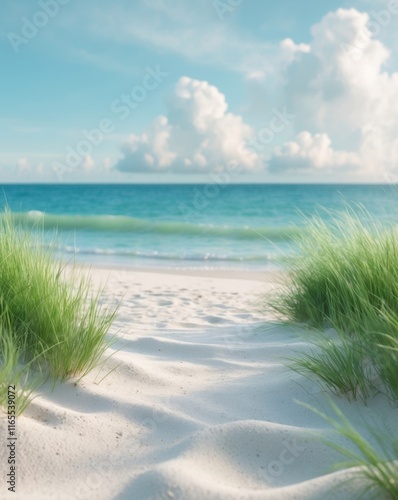 Wallpaper Mural Tranquil Beach Scene with Grass on Soft Sand and Blue Ocean Background Torontodigital.ca