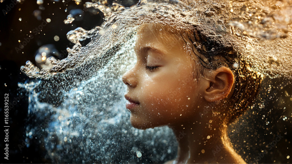Obraz premium A boy taking shower, eyes closed, face partially obscured by water droplets or mist, in bathroom.