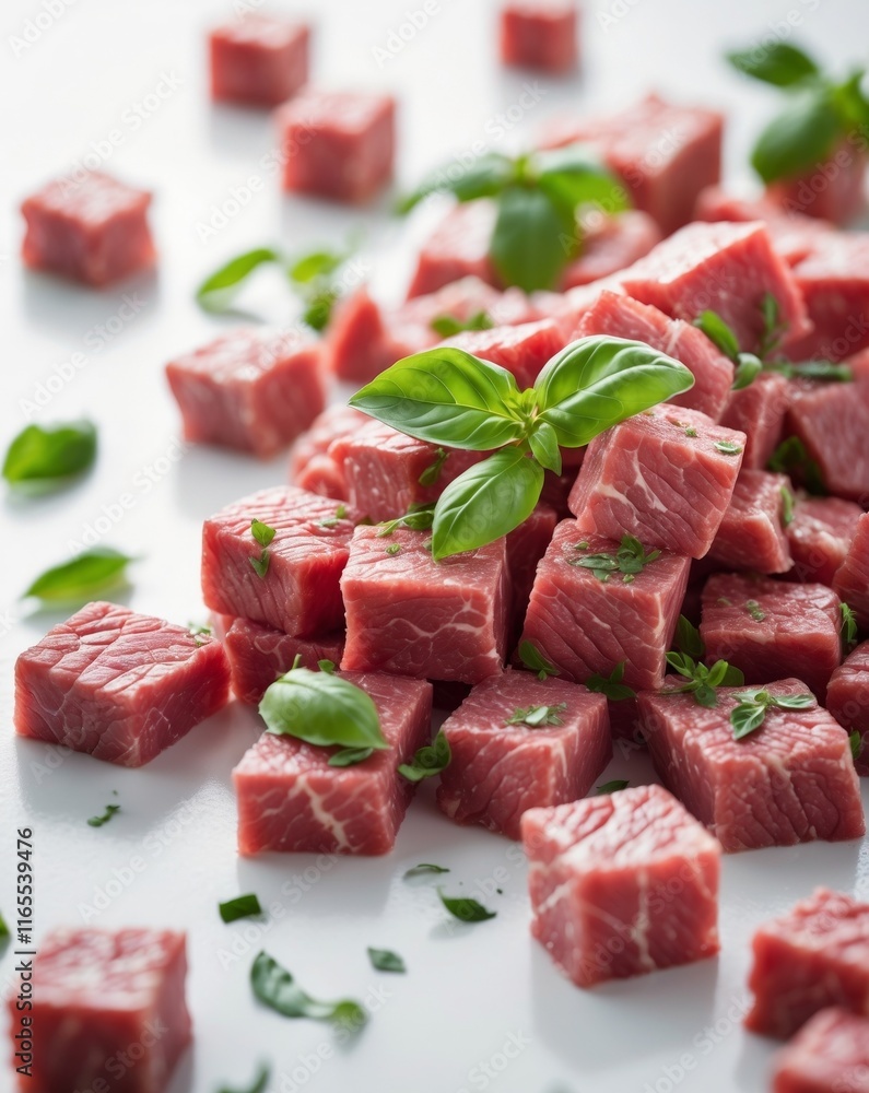 Fresh raw diced beef meat cubes garnished with basil leaves