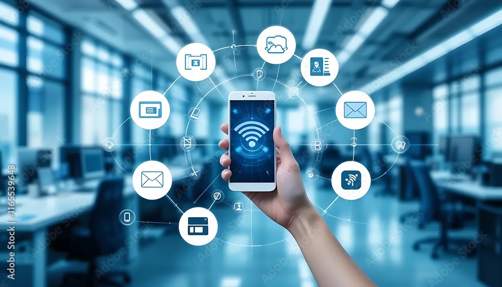 Obraz premium hand holding smartphone with social icons. communication with wifi icon business communication social background office
