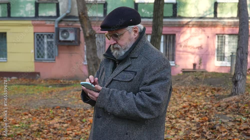 Elder grey haired man in the morning outside, man enjoying his morning walk in the city, standing on the street texting on smartphone. Daily routine lifestyle concept. Elder grey haired man in the morning outside, man enjoying his morning walk in the city, standing on the street texting on smartphone. Daily routine lifestyle concept.