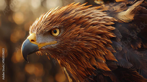 Close-up of a majestic golden eagle's head and shoulders, showcasing its sharp gaze, intricate feathers, and powerful beak against a blurred natural background. photo