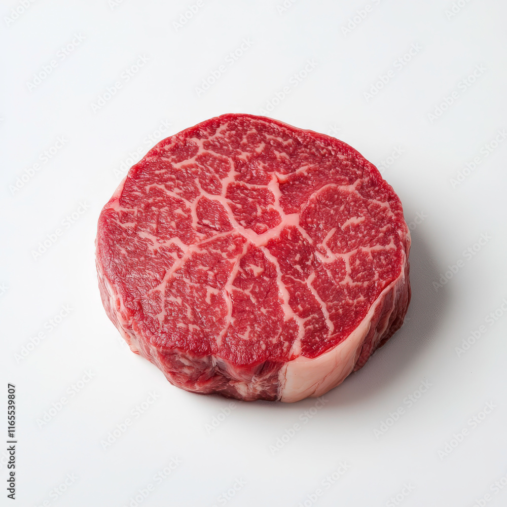 Fototapeta premium High-quality marbled beef steak on a clean white background showcasing intricate fat distribution for culinary and gourmet food photography needs