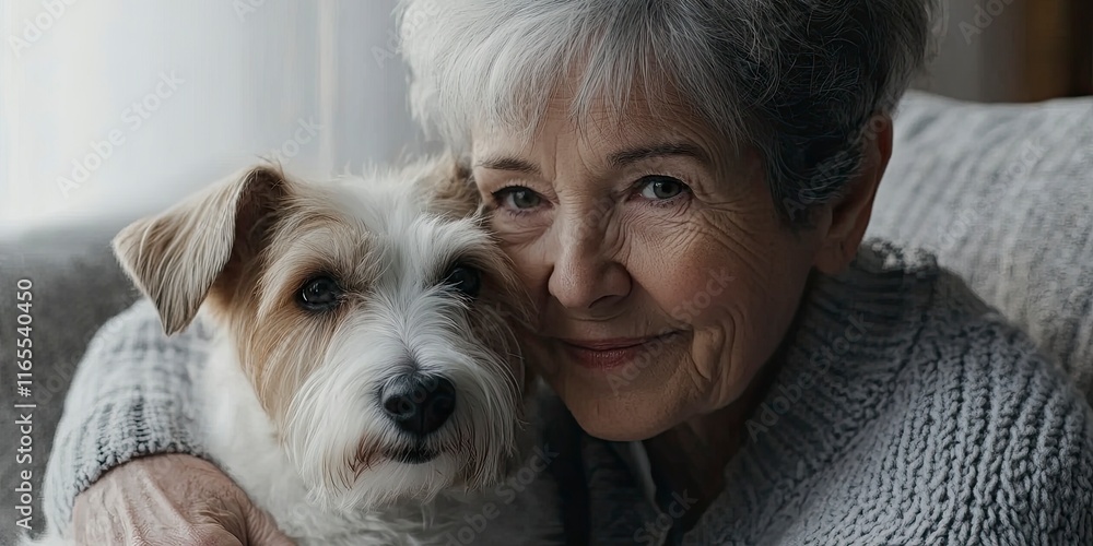 Emotional support animal concept. Portrait of elderly woman with wire haired jack russell terrier dog. Old lady and her rough coated pup sitting on grey textile sofa. Emotional support animal concept. Portrait of elderly woman with wire haired jack russell terrier dog. Old lady and her rough coated pup sitting on grey textile sofa.