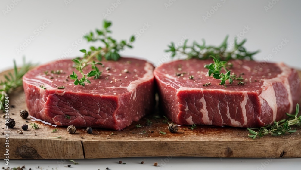 Two Raw Beef Steaks with Herbs and Peppercorns Two Raw Beef Steaks with Herbs and Peppercorns