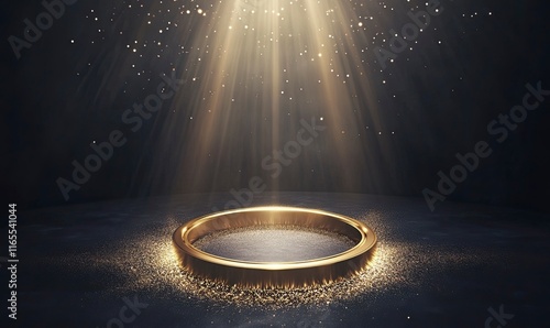 A golden light ring on the bottom of an empty black background, glowing and radiating, with light beams shining out from it. A circular hole is in front of it photo