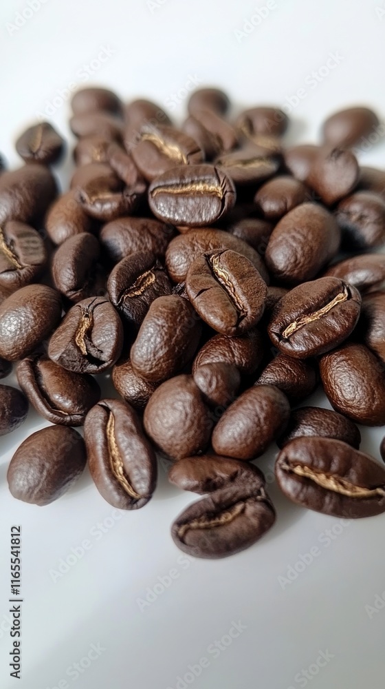 Obraz premium Close-up of Roasted Coffee Beans. A Rich and Aromatic Pile of Coffee Beans Ready to Brew. Perfect for a Morning Coffee Enthusiast.
