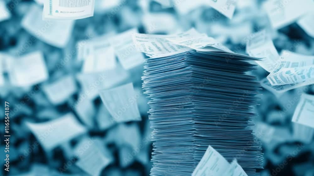 Stacks of documents and flying papers create chaotic office scene, emphasizing disorganization and urgency, while blue tones heighten stress of environment.