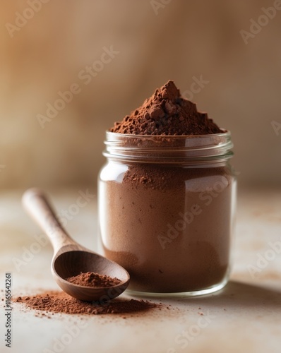 Rustic Cocoa Powder in Jar with Wooden Spoon photo