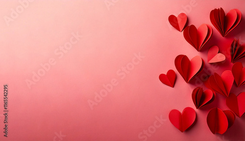 Unos corazones rojos de papel en una esquina de la foto sobre fondo rosa pastel. fondo para san Valentín. día de los enamorados.