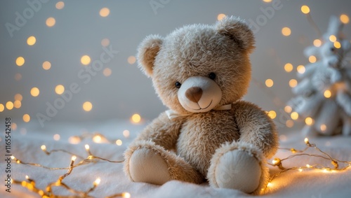 Cozy holiday scene with teddy bear and soft warm lights for festive decor inspiration