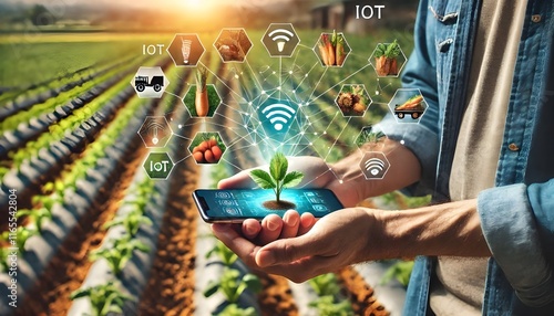 Smart farming agriculture concept. Man holding smartphone monitor and track agricultural produce through modern wireless networks. smart farming innovation, IoT. internet of things. Ai