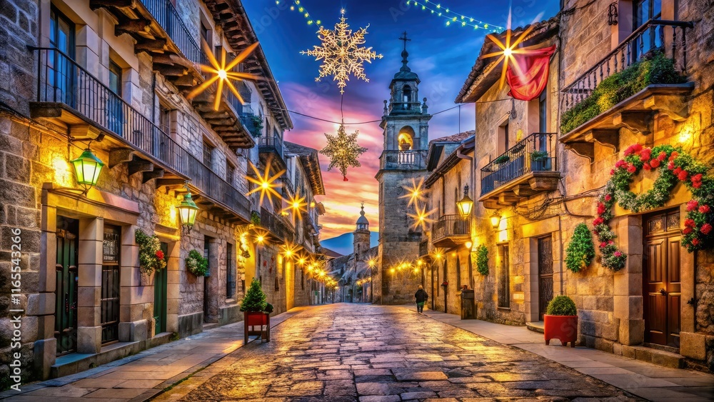 Fototapeta premium Double Exposure Puebla de Sanabria Christmas Night, Spain