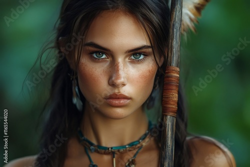 Indigenous amazonian huntress holding spear in jungle setting