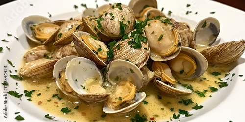 Fresh Littleneck Clams on a white plate with parsley photo