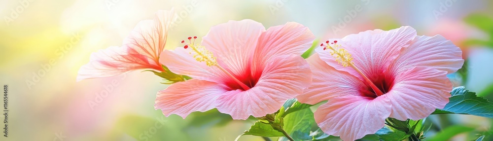 Closeup of two vibrant pink blossoms in full bloom, showcasing delicate petals and exquisite color
