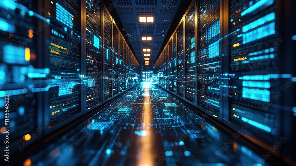 Fototapeta premium Futuristic data center with glowing servers.