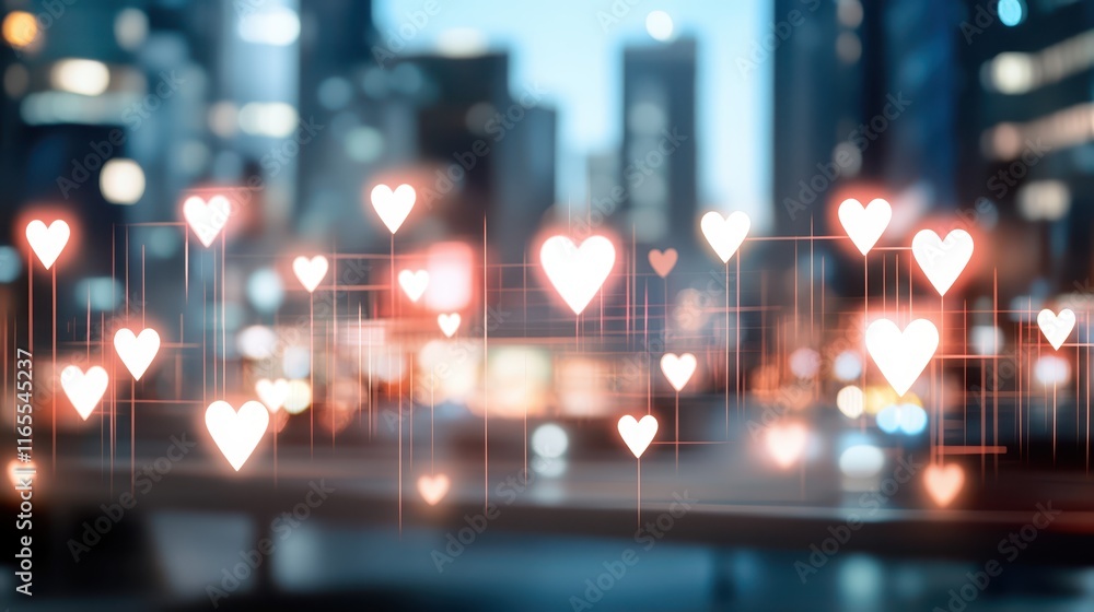 Affectionate cityscape, metropolis adorned with numerous heart shapes symbolizing love Affectionate cityscape, metropolis adorned with numerous heart shapes symbolizing love