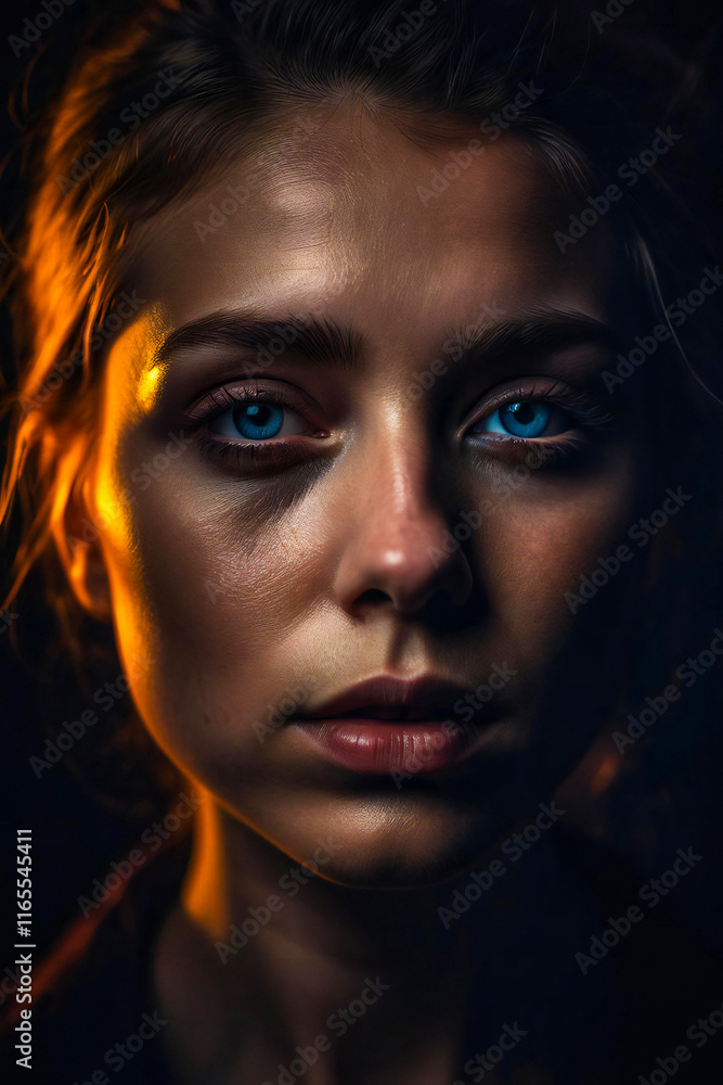 High-contrast wide-shot portrait of a model in dual-tone lighting, emphasizing the sharp angles of the face and jawline, with a moody, dramatic background. High-contrast wide-shot portrait of a model in dual-tone lighting, emphasizing the sharp angles of the face and jawline, with a moody, dramatic background.