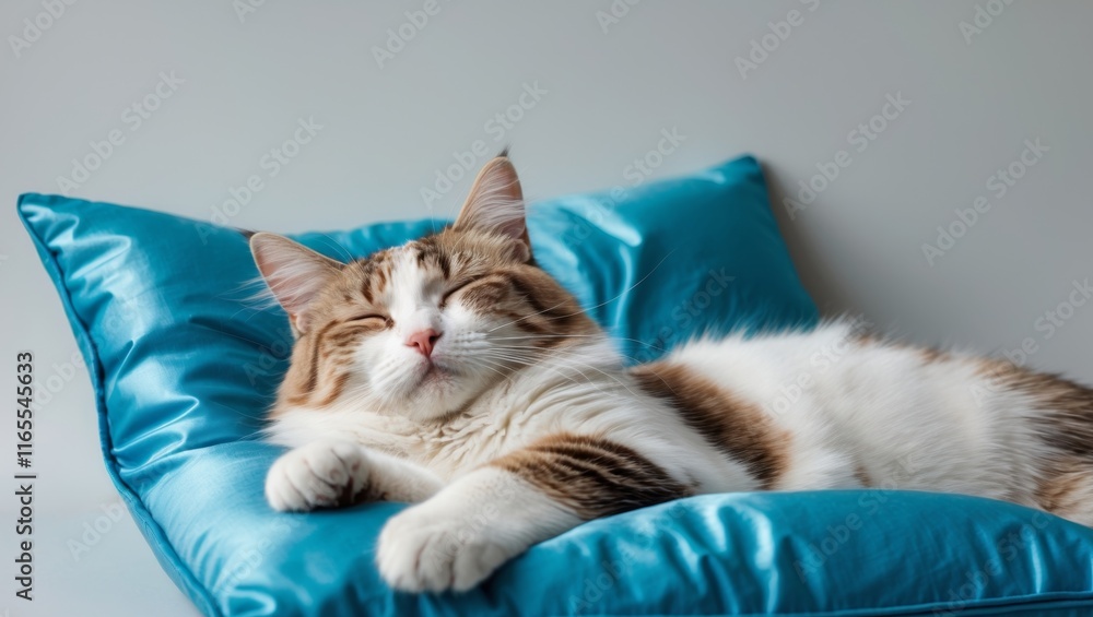 A white and brown cat is laying on a blue pillow A white and brown cat is laying on a blue pillow