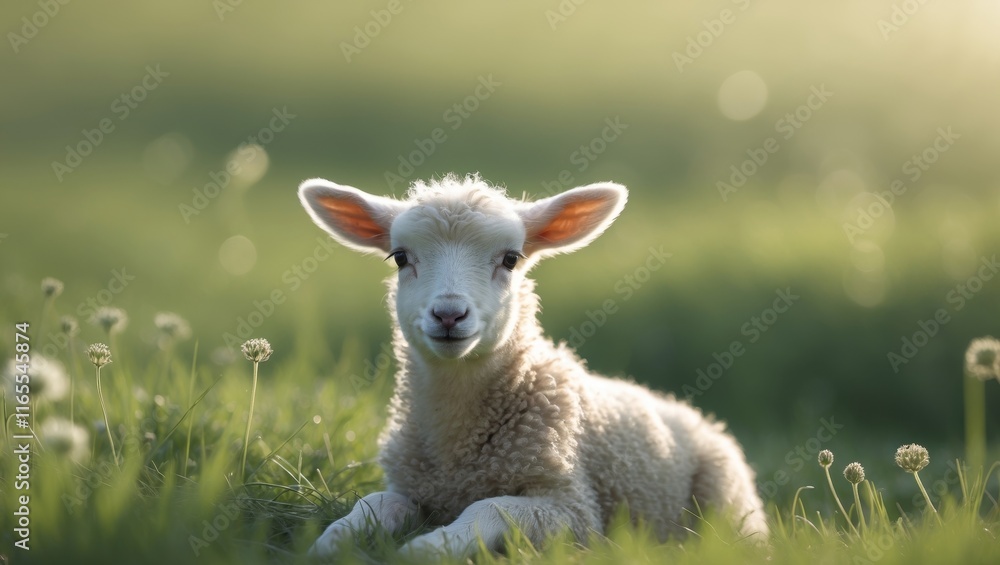 Fototapeta premium Young lamb resting in a green meadow under soft lighting